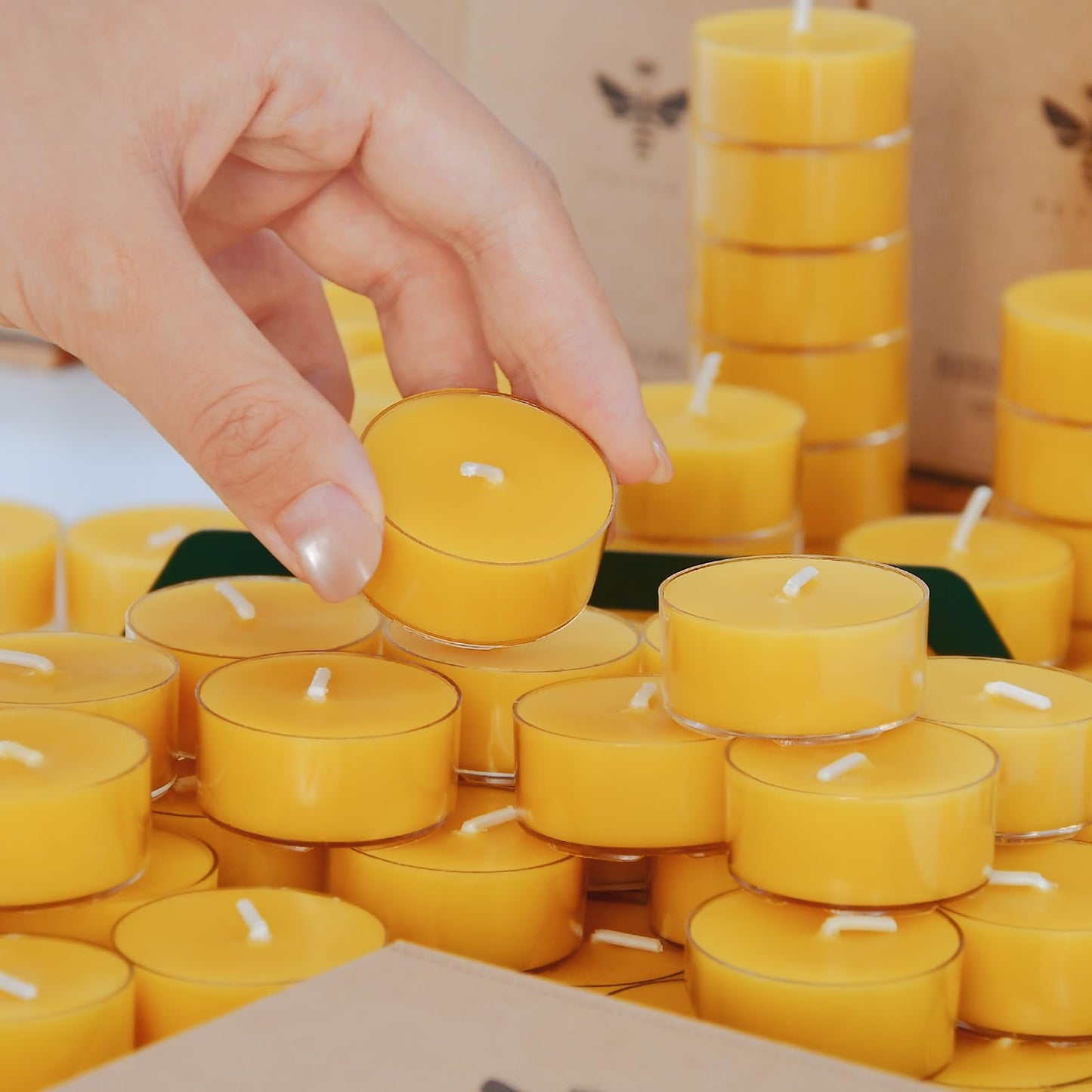 DEYBBY Natural Beeswax Tealight Candles 200 Pack, Unscented Small Beeswax Candles Bulk in Clear Cup, 4-5 Hours Burn Tea Light Candles for Home Decor Emergency Bath Relaxation (Yellow)