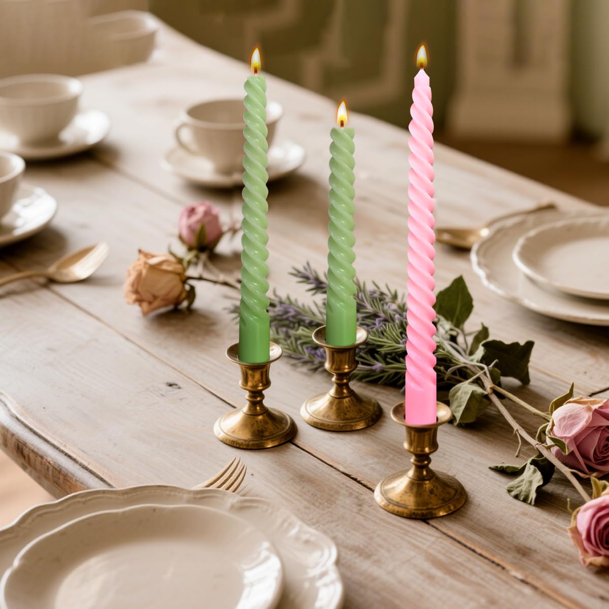 10 Pack Pink and 10 Pack Sage Green Spiral Taper Candles for Home Decor, 10 Inch Unscented Dripless Twisted Candlesticks for Weddings Dinner Holiday Decoration Formal Events