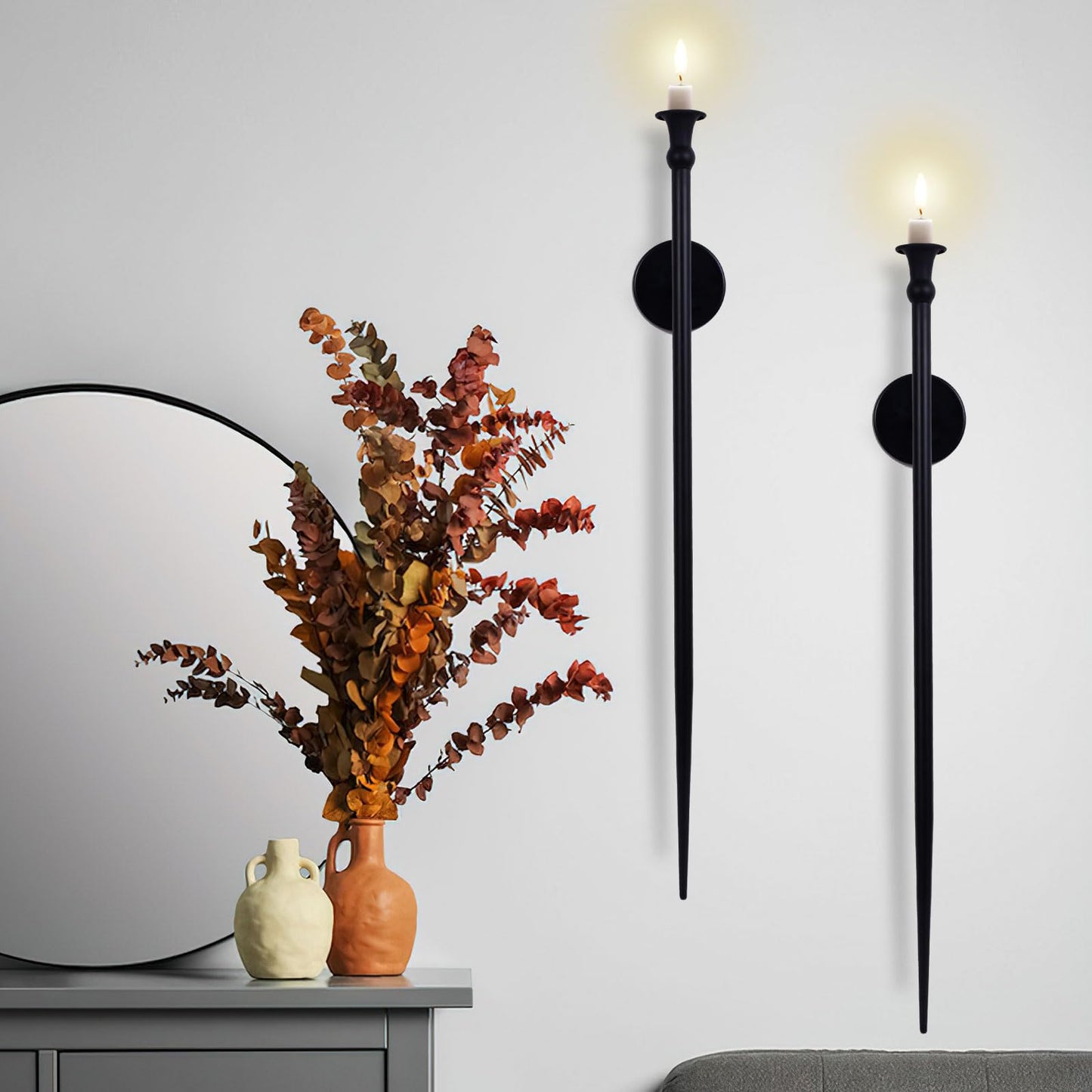 Candle Sconces Long Wall Candle Holder - 33" H Set of 2 Black Long Wall Candle Sconce Retro Chic Wall Sconces Candle Holder Decoration for Dining Room, Living Room, Office, Bathroom