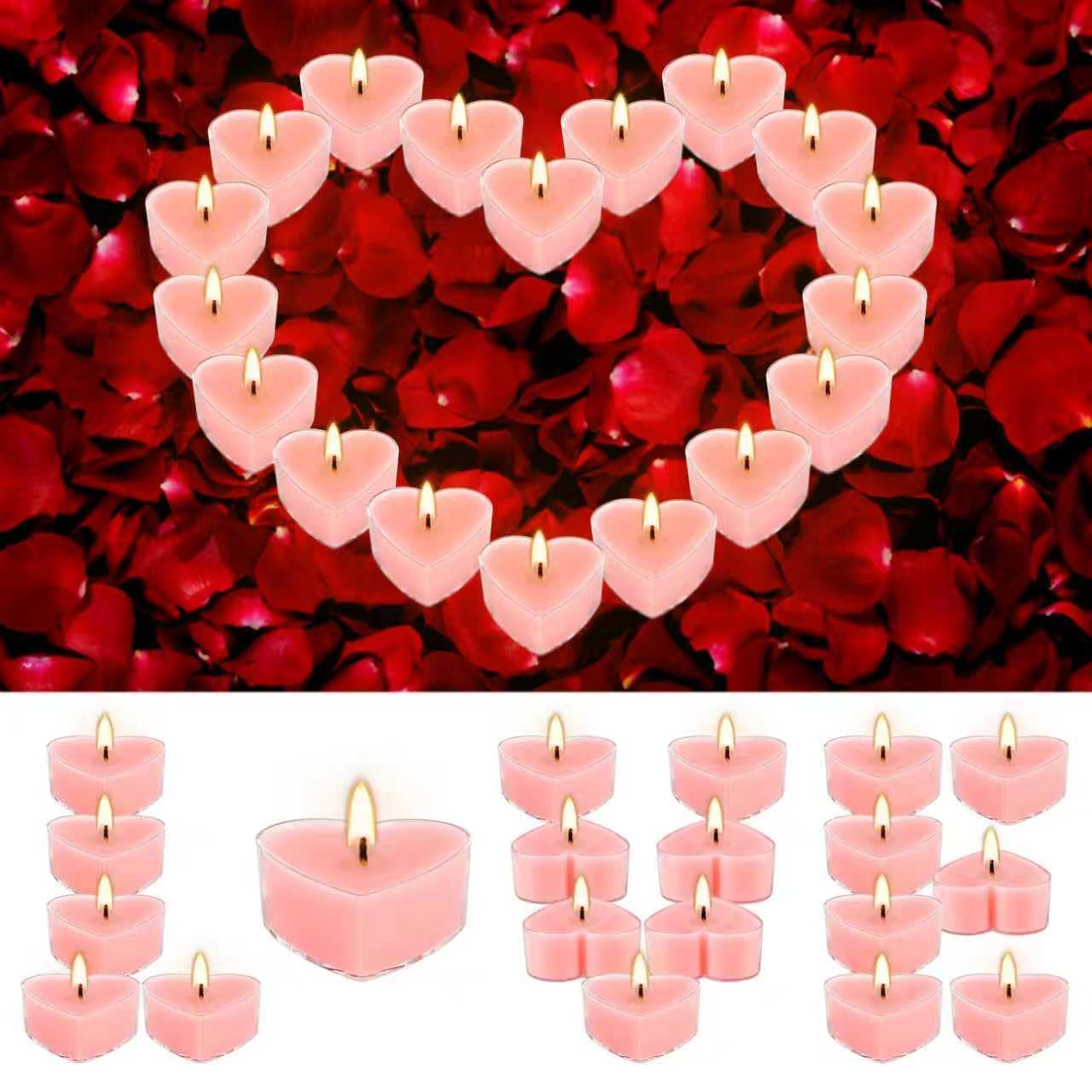 50Pcs Valentines Day Tealight Candles Rose Scented in Clear Cup,Love Pink Wax Votive Candle for Valentine's Day,Home Decor,Wedding, Anniversary, 4Hours Heart Shaped
