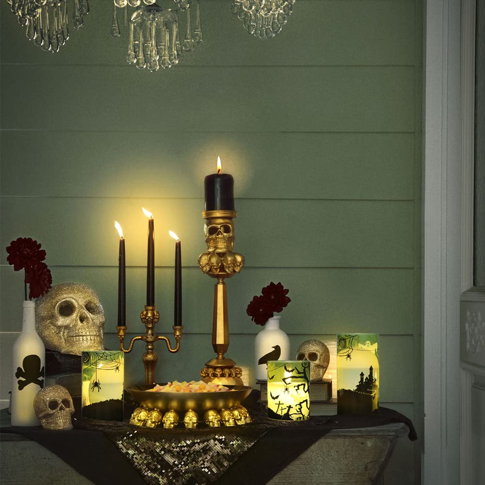GenSwin Halloween Candles Flameless with Remote Timer, Flameless Candles with Spider Web, Ghost, Castle Decals, 3 Pack Green Glass Battery Operated Candles with 3D Flickering Flame for Fall Decor