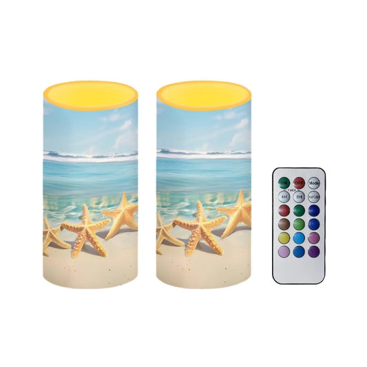 NETILGEN Flameless LED Battery Candles Votive 3D Wick 2 Pcs Pillar Candles with Colored Light Timer Remote for Coastal Home Indoor Outdoor Decor for Women Gift, Beach Starfish Blue Sea