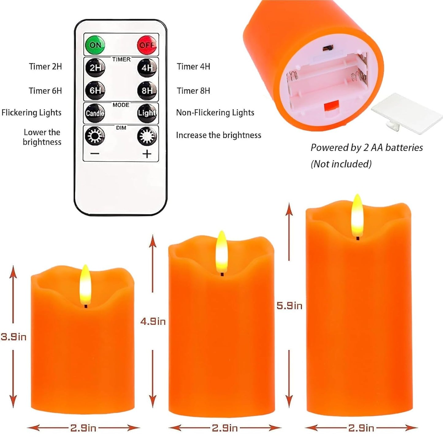 Flameless Candles Lights, Set of 3 Orange Flickering LED Candles with Remote & Timer, Dimmable LED Pillar Candles Battery Operated, Electric Candles for Fall Halloween Thanksgiving Decor (Orange)