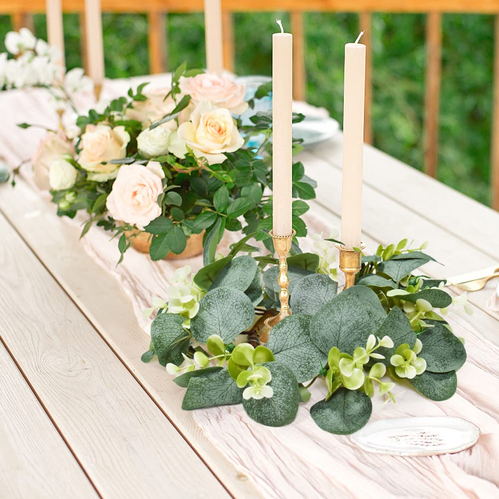 IWNTWY 6Pcs Candle Rings, Artificial Eucalyptus Wreath Candles Wreaths, Small Greenery Farmhouse Wreath for Door Wedding Centerpieces Home Party Table Decor, 4" ID / 9.8" OD