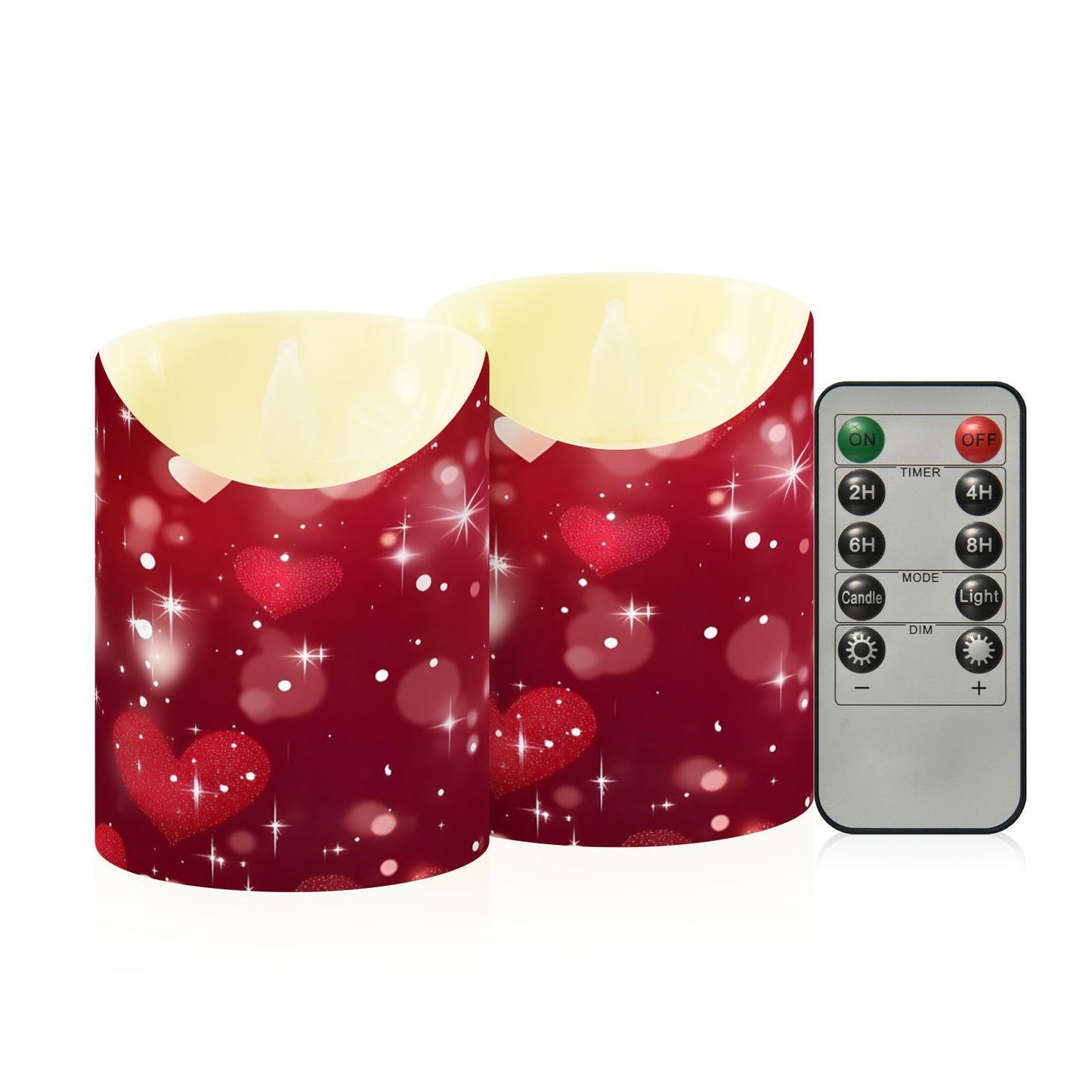 Valentines Flameless Candles Set of 2 Red Hearts Pattern Realistic LED Candles with Remote Battery Operated Holiday Decorations