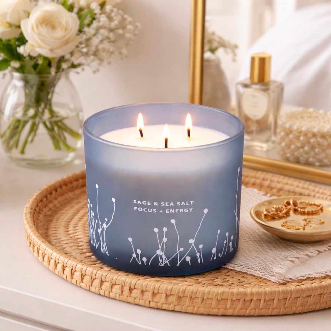 White Sage Sea Salt 3 Wick Candle - Large Soy Scented Candle 14.5 oz - Sage Candle for Cleansing House - Aromatherapy Energy Cleansing Candle for Home, Stress Relief, Women & Men