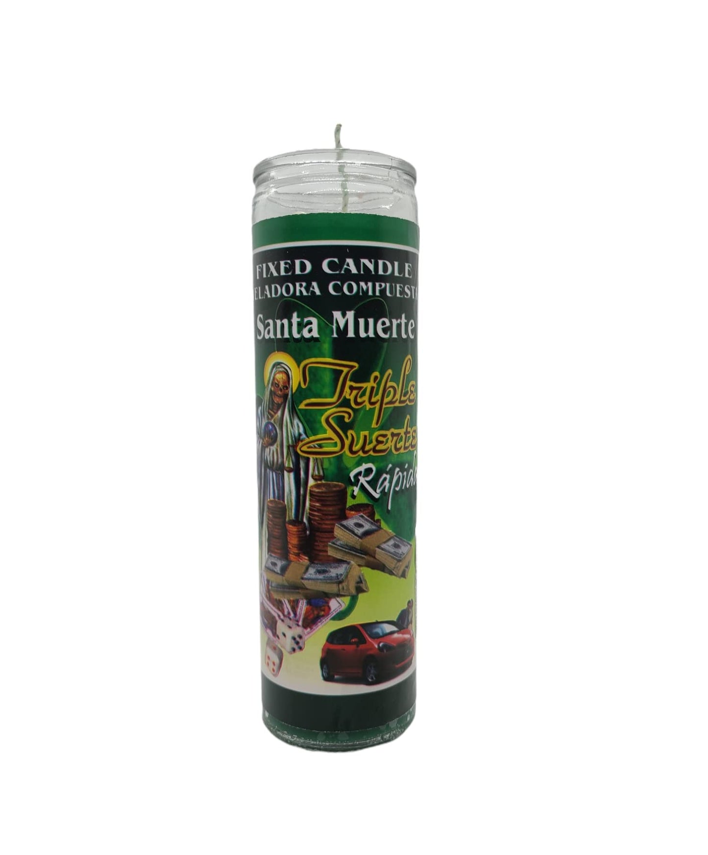 Santa Muerte Triple Suerte Green 7 Day Glass Religious Candle