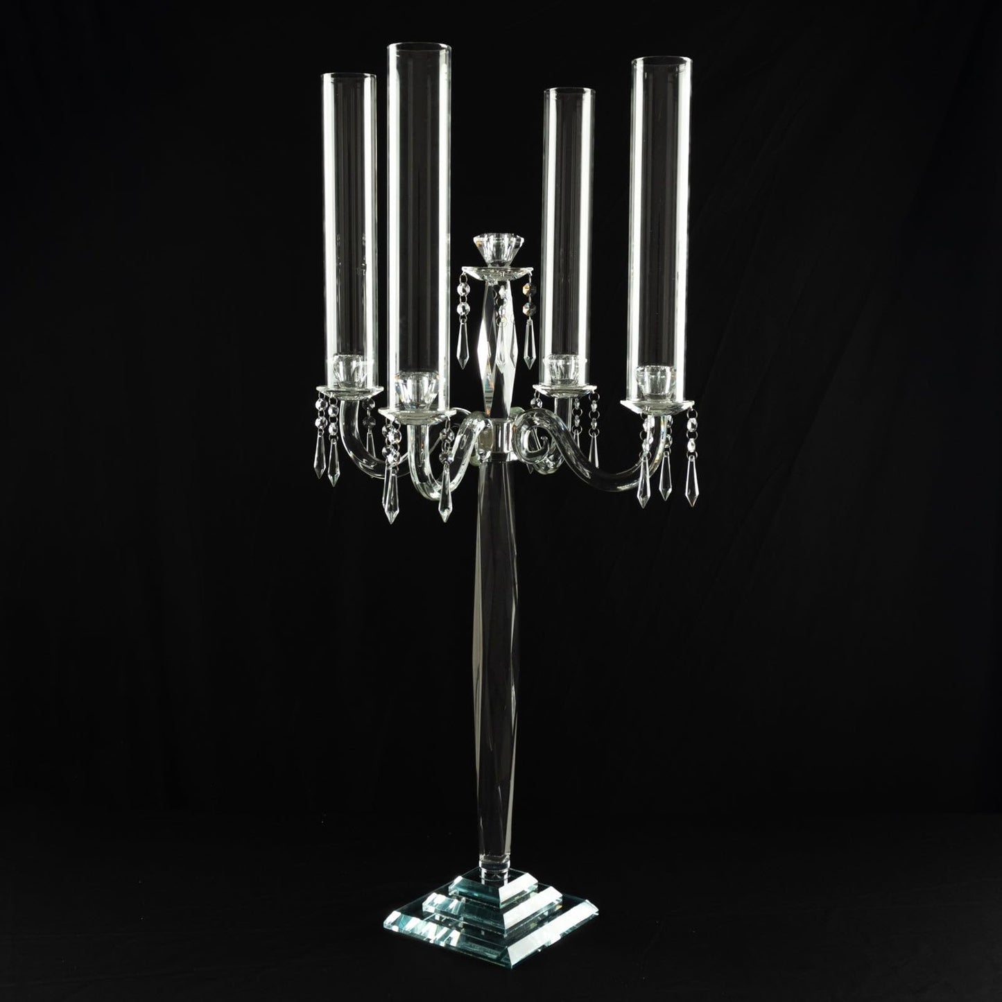 Efavormart Crystal 4-Arm Candelabra Taper Candle Holder with Hurricane Glass Shades – Table Centerpiece with Pedestal Base & Hanging Crystal Accents - 38" Tall