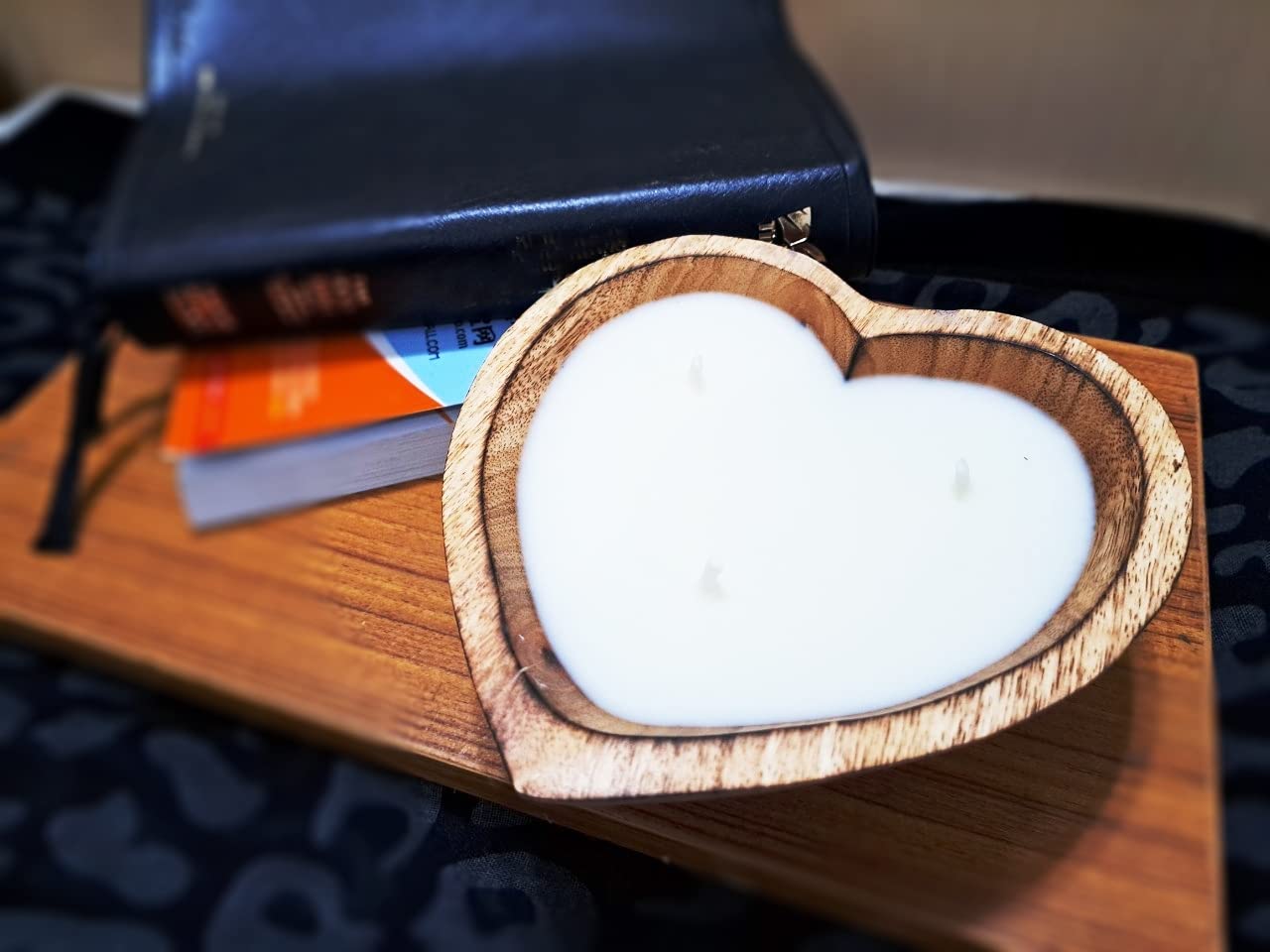 BestySuperStore 6” Heart Shaped Wooden Bowl Vanilla Sandalwood Scented Soy Wax Candle - 3 Wicks 5 oz Decorative Dough Bowls Candles for Anniversary Engagement Wedding Birthday Valentine Christmas Gift