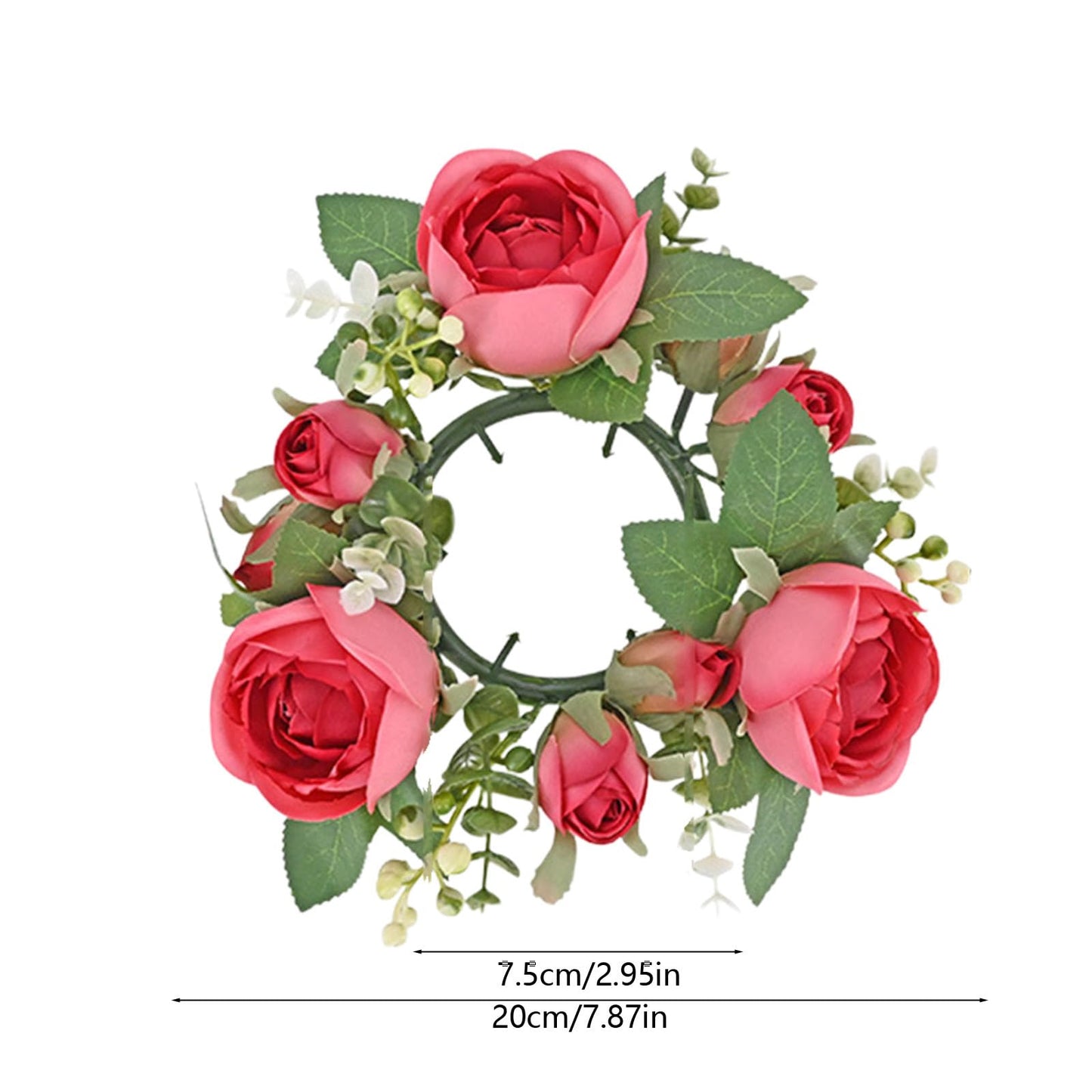 Artificial Rose Candle Rings Wreath Mini Floral Wreaths Pillar Candle Holder with Blooming Flowers and Green Leaves for Wedding Party Home Table Centerpieces Decor (Hot Pink)
