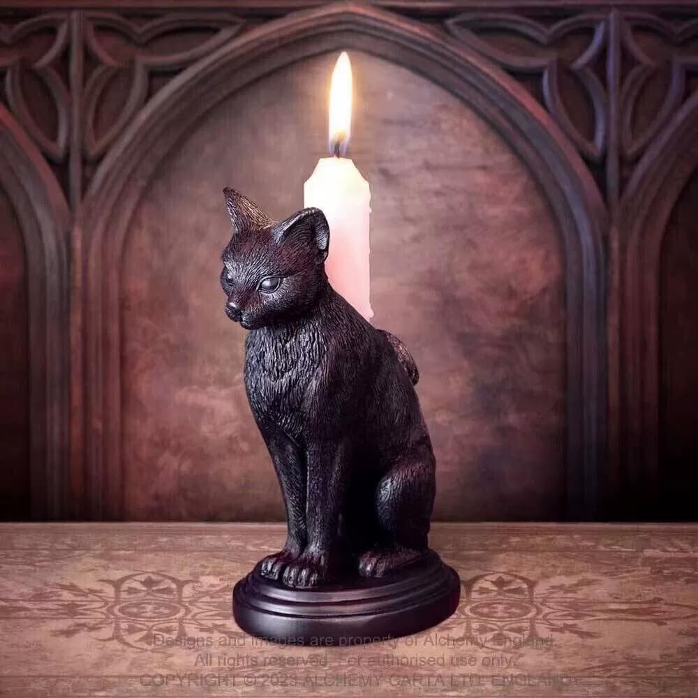 Gothic Black Cat Candle Holder Statue,Resin Cat Candlestick Holder,Halloween Gothic Tabletop Decor for Home,Dining Table & Party,Witchy Cat Figurine Gift (cat)