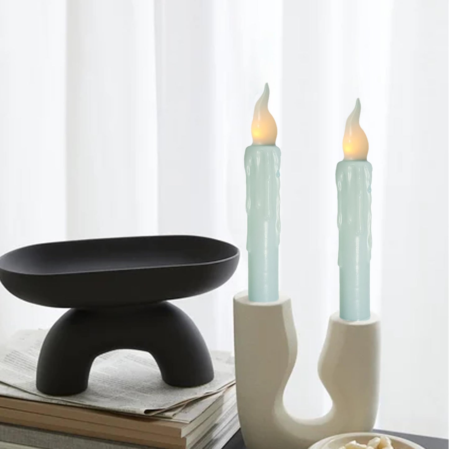 FCMSHAMD Blue Flameless Short Taper Candles, Real Wax Hand Dipped LED Battery Operated with Remote, Flickering Flame Lights for Festival Party Home Décor, 6.7 Inch Primitive Flameless Candles, 4PCS
