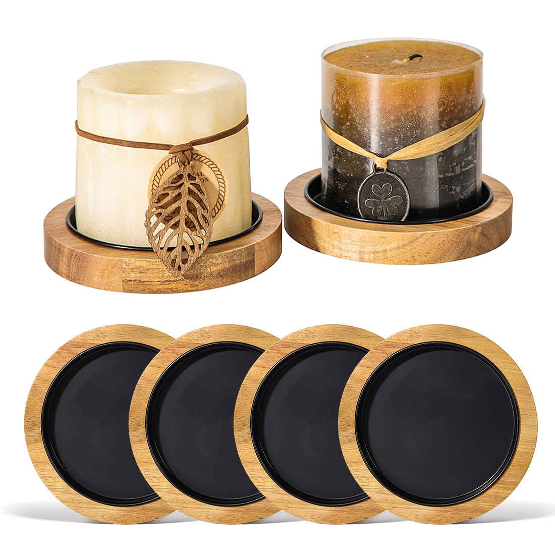 Acacia Wood Candle Holder Farmhouse Decor, 4-Pack Wooden Rustic Pillar Candle Stand for Table, Candlestick Holder for Table Centerpiece Decor, Holds Candles up to 3.35In Diameter
