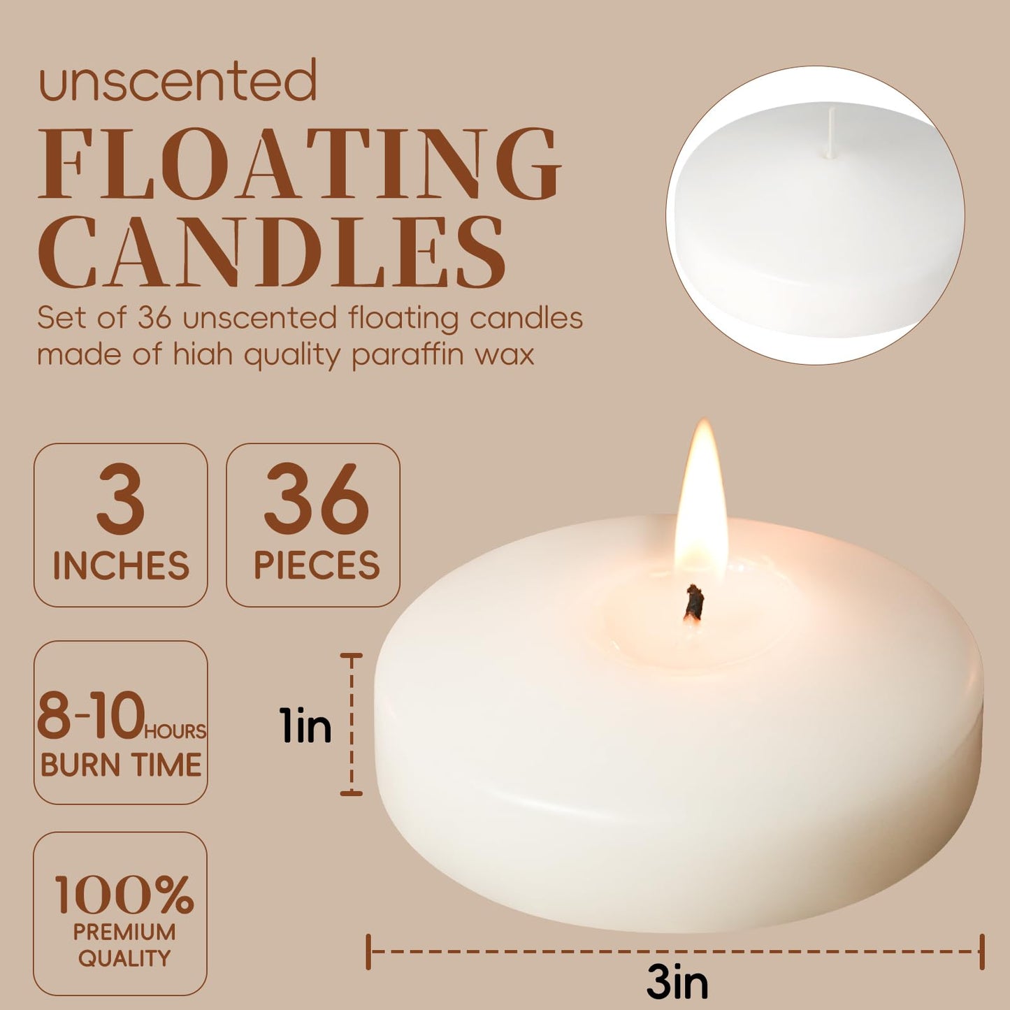 3 inch White Floating Candles 8-9 Hours Floating Candle for Centerpieces 36 Packs Unscented Floating Candles 3” Water Candles for Cylinder Vases, Pool, Wedding