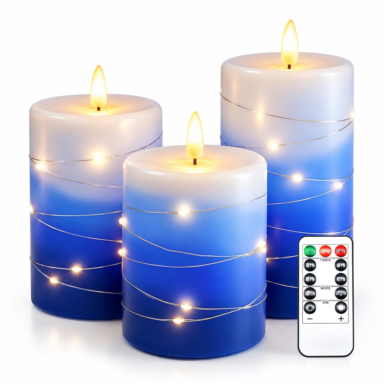 haitanghua flameless Candle Set of 3, with Fairy Light String, Remote Control Timer, Real Wax LED Candle Pillars, 3D Flame Effect, Battery Operated, Gradient Blue Home Decor Candles