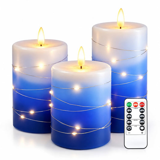haitanghua flameless Candle Set of 3, with Fairy Light String, Remote Control Timer, Real Wax LED Candle Pillars, 3D Flame Effect, Battery Operated, Gradient Blue Home Decor Candles