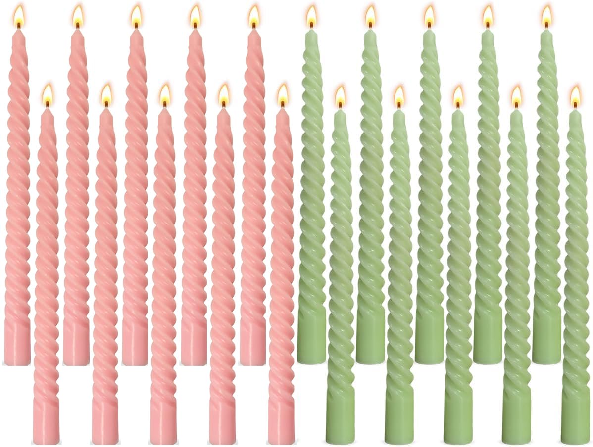 10 Pack Pink and 10 Pack Sage Green Spiral Taper Candles for Home Decor, 10 Inch Unscented Dripless Twisted Candlesticks for Weddings Dinner Holiday Decoration Formal Events