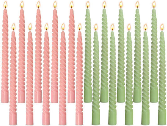 10 Pack Pink and 10 Pack Sage Green Spiral Taper Candles for Home Decor, 10 Inch Unscented Dripless Twisted Candlesticks for Weddings Dinner Holiday Decoration Formal Events