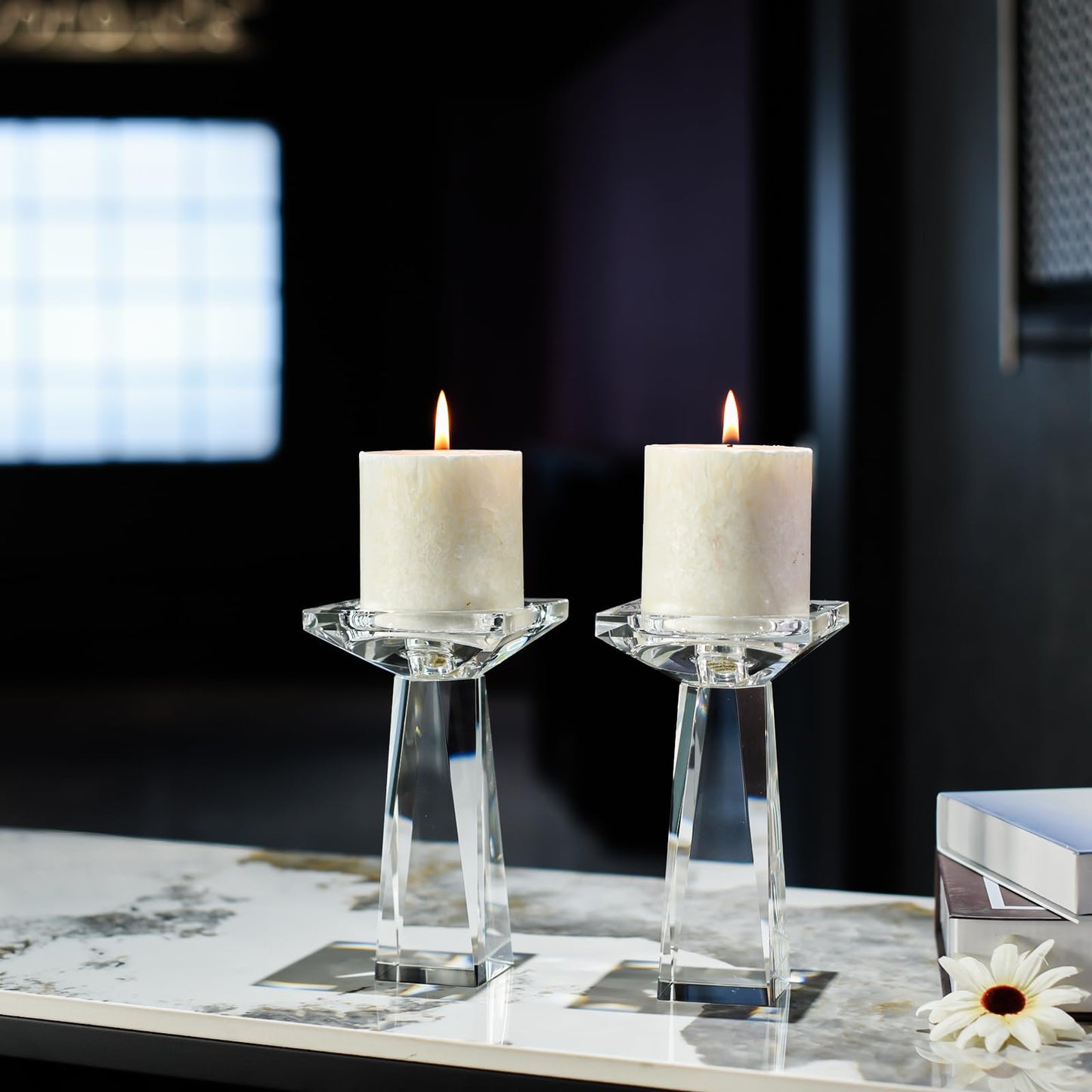 Marvala Crystal Taper/Pillar Candle Holders Set of 2, Heavy Solid Hand Cut Candle Stands Set, 6.3 Inches Height, Table Centerpiece Home Decor for Wedding, Dining, Party, Clear
