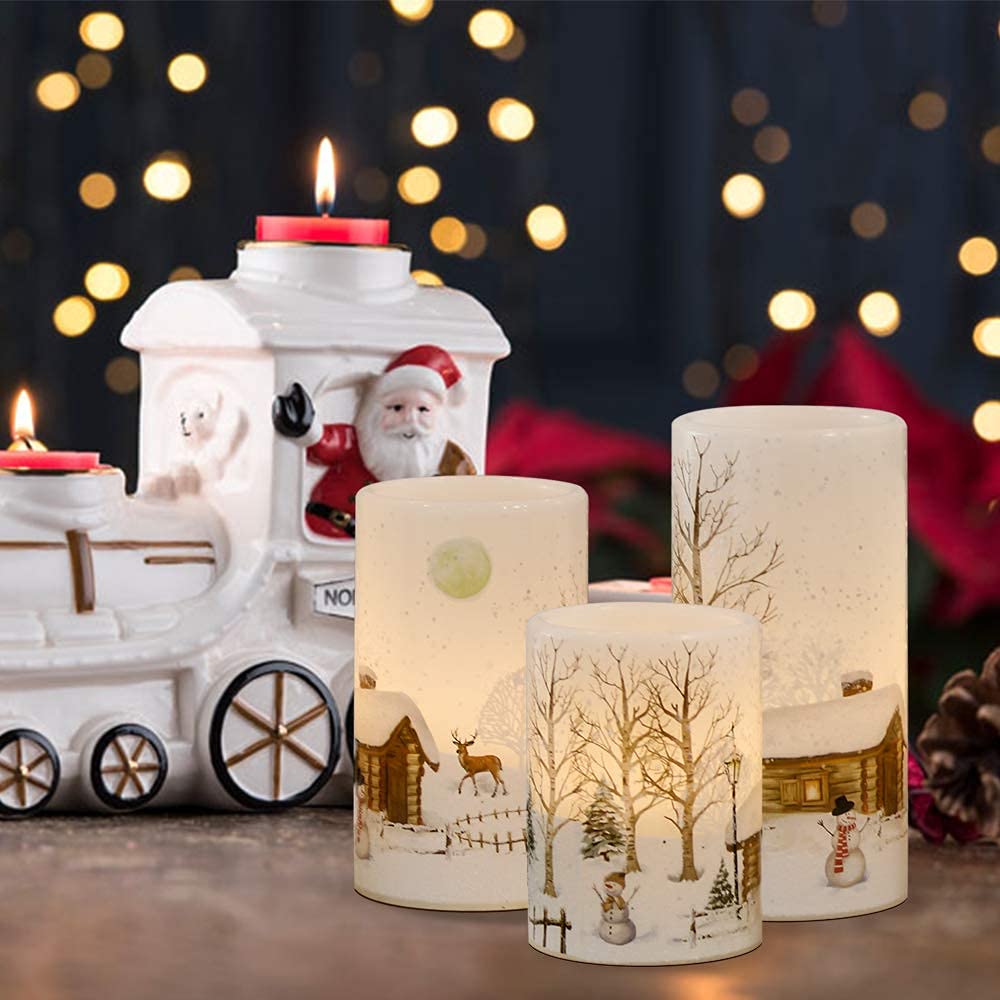 Eldnacele Snowman Christmas Deco Flameless Flickering Candles with Automatical Daily Cycle Timer, White Battery-Operated LED Pillar Candles Snowman Decals 3 Pack (D3” x H 4” 5” 6”)