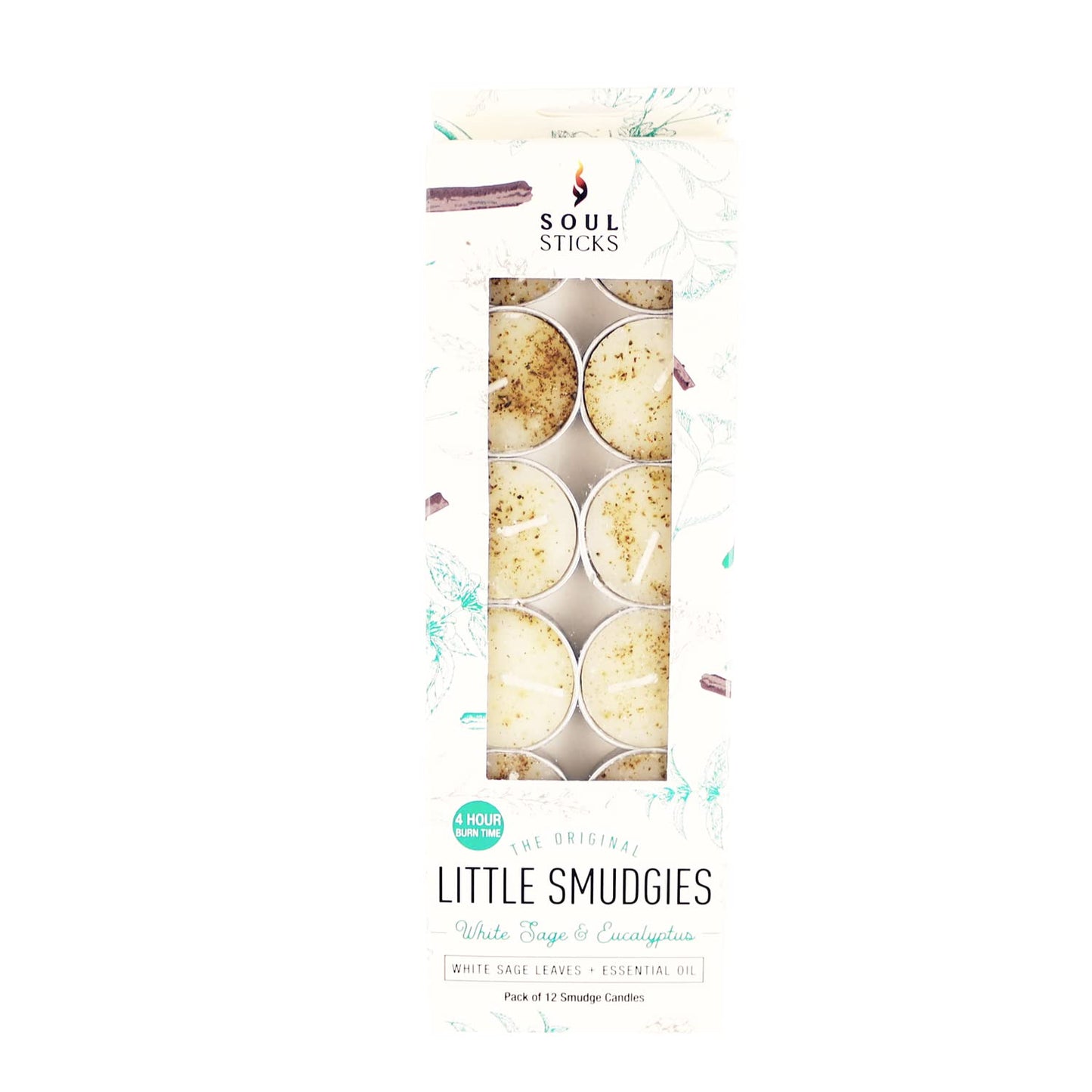 SOUL STICKS 12 Pack Little Smudgies Tealight Candles Smudge Candle for Cleansing House, Meditation, Chakra Healing | Made with Crystals and Herbs (White Sage & Eucalyptus)