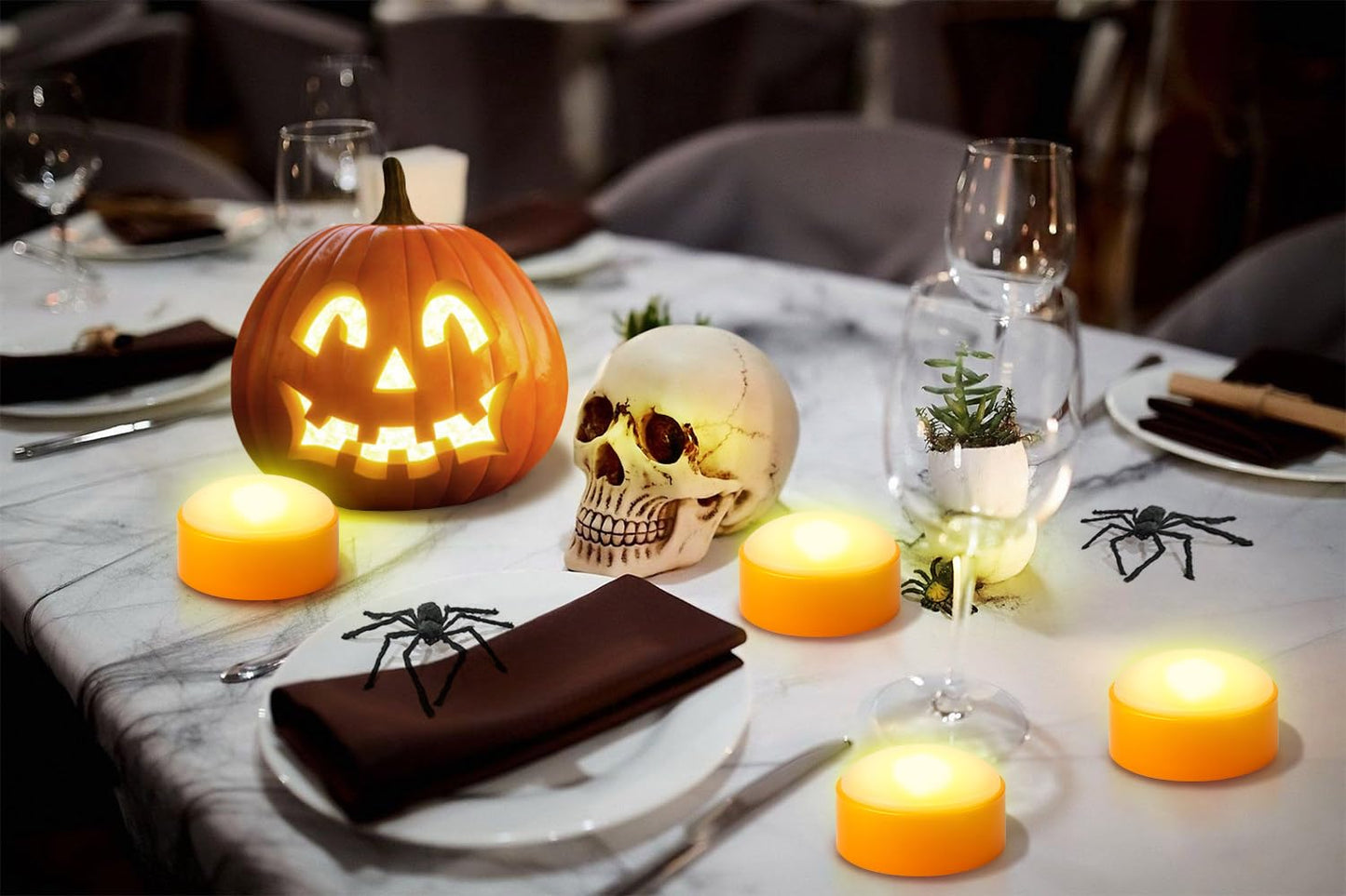 Yakpo 4 Pack Battery Operated Timer Halloween LED Pumpkin Lights with Remote, Flameless Flickering Orange Jack O Lantern Light, Outdoor Electric Orange Candle for Halloween Pumpkin Decorations