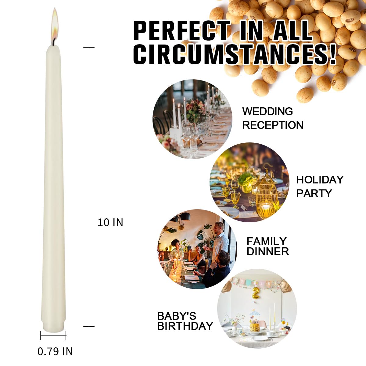 Taper Candles 10 inch (H) Dripless, Set of 20 Ivory Unscented and Smokeless Taper Candles Long Burning, Paraffin Wax with Cotton Wicks for Burning 8 Hours Time