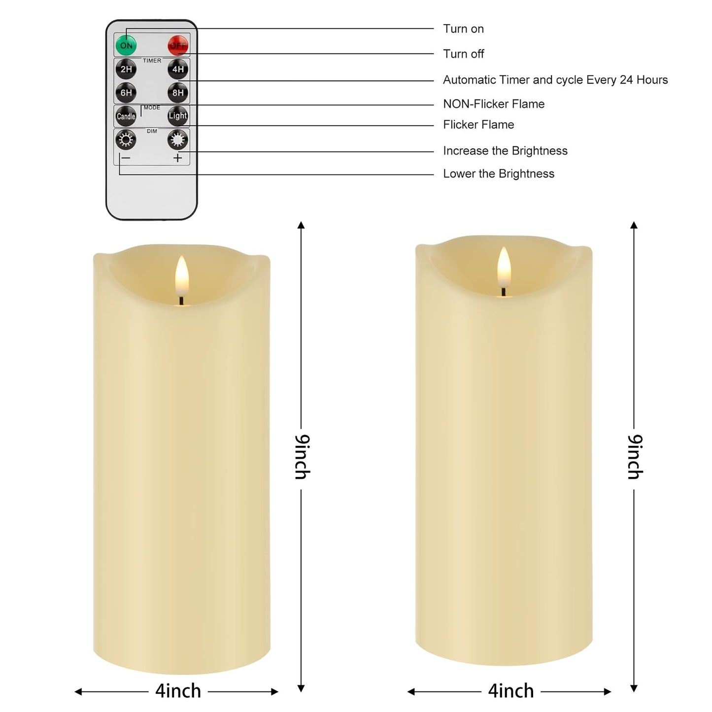 COVEGE Large Flickering Flameless Candles with Remote, 4"x 9"Battery Operated Candles with Timer, Ivory Fake LED Pillar Candles for Outdoor Lanterns Porch, Set of 2
