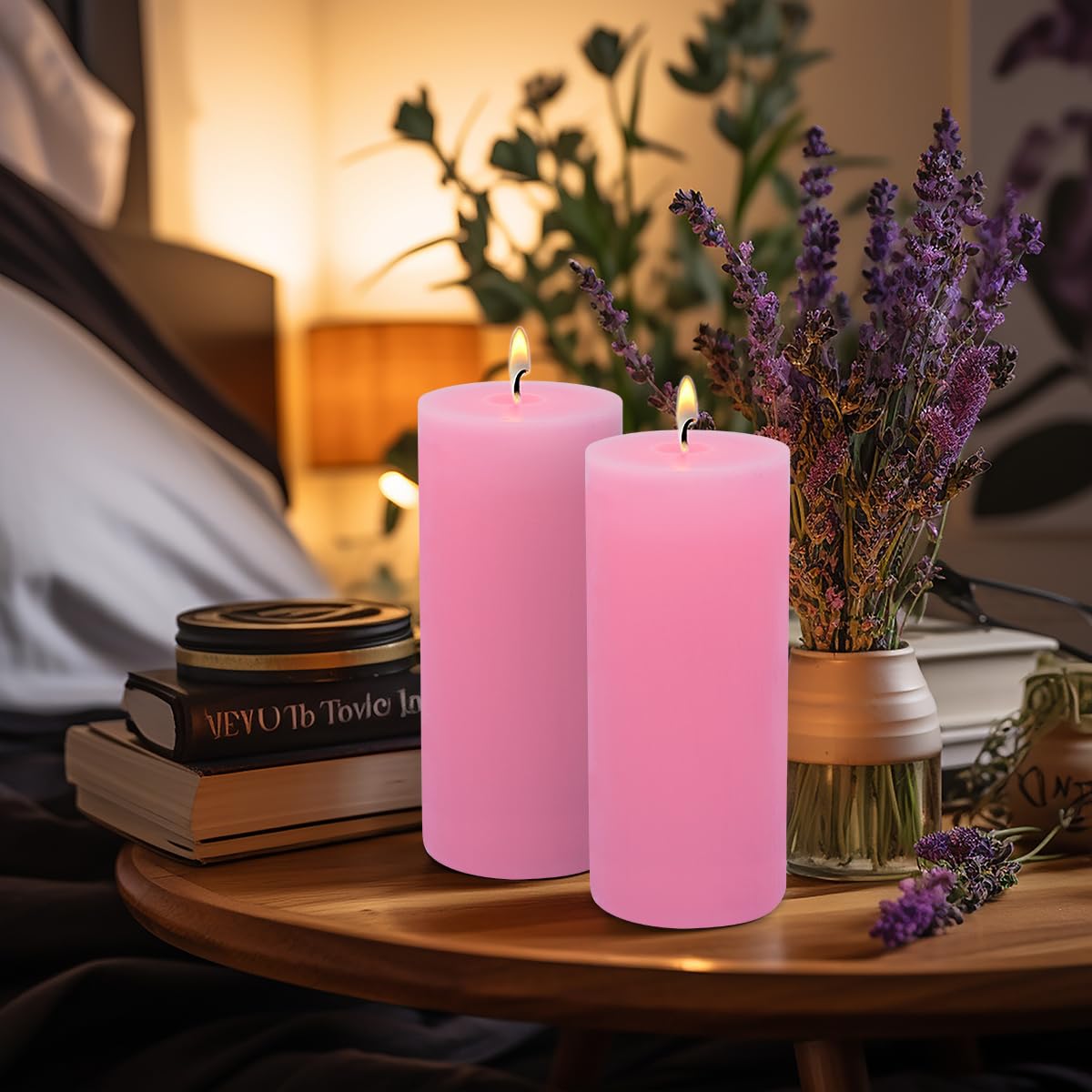 Pillar Candles Set of 2, Hand-Poured Unscented Candles, 3"*8" Pink Decorative Candles, No Drip, Long Burning,Wedding,Dinner,Christmas and Home Decor