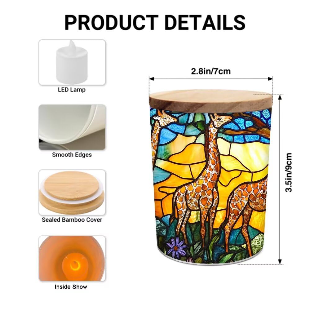 Stained Glass Giraffes Tea Light Candle Holders, Wildflowers Tealight Candle Holder Jar with Wooden Lid, Tree Votive Candlesticks for Table Centerpieces, Christmas,Birthday Party,Home Decor