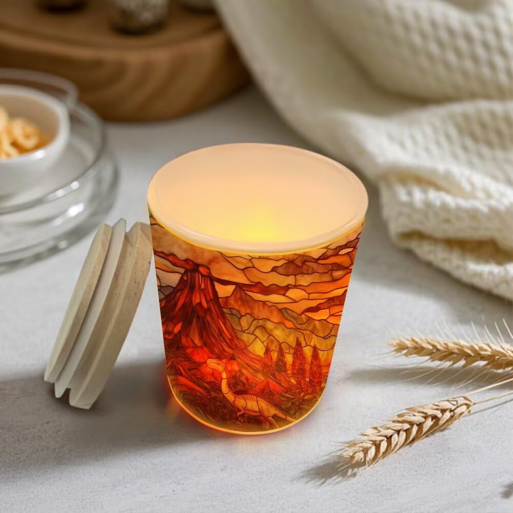 Stained Glass Dinosaur Tea Light Candle Holders, Volcanic Landscape Tealight Candle Holder Jar with Wooden Lid, Votive Candlesticks for Table Centerpieces, Christmas,Birthday Party,Home Decor
