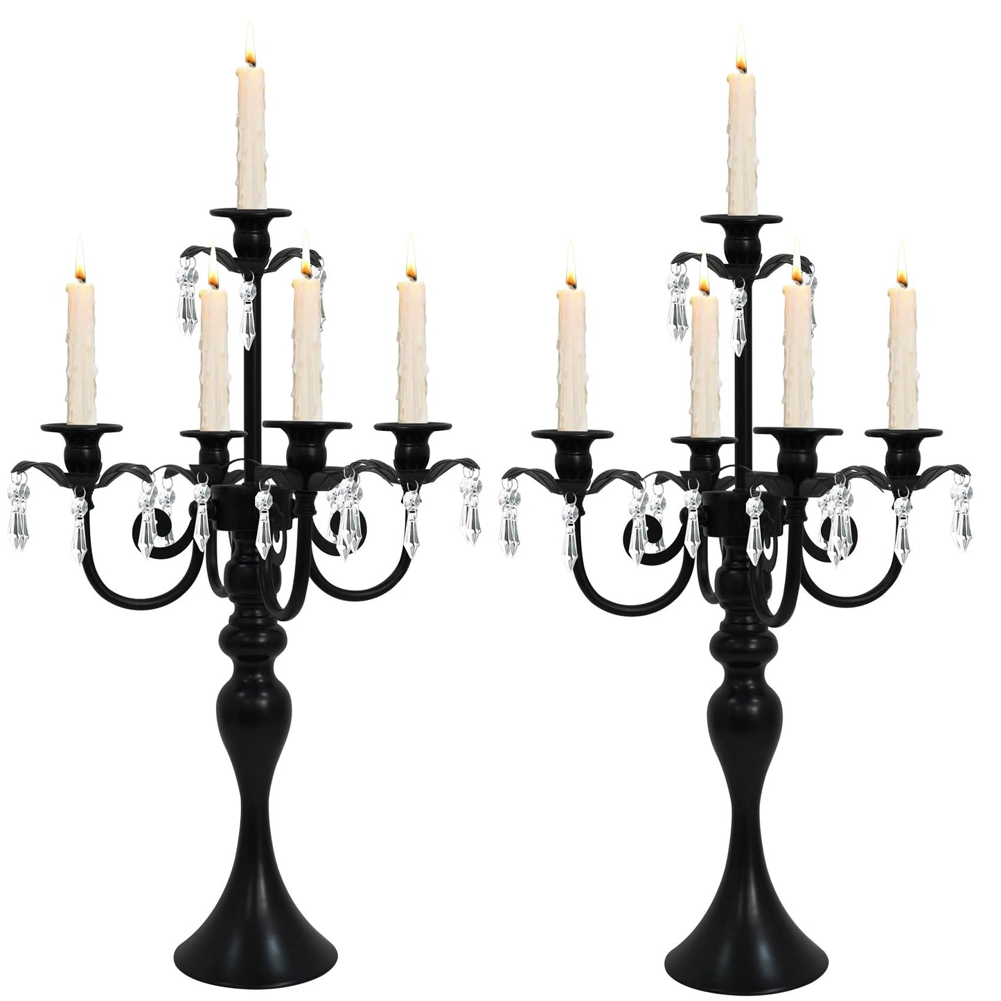 2Pcs Candelabras Centerpieces for Tables, 20" Tall Candlestick Holder for Taper Candles, 5 Arm Crystal Candelabra Candle Holder for Wedding Centerpiece Decor Party Event Reception Decoration (Black)