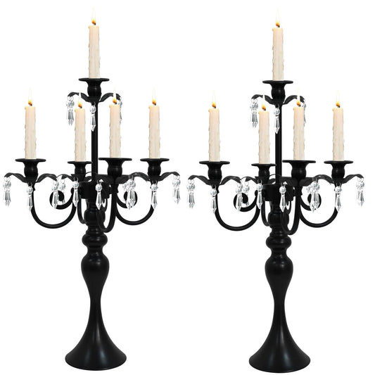 2Pcs Candelabras Centerpieces for Tables, 20" Tall Candlestick Holder for Taper Candles, 5 Arm Crystal Candelabra Candle Holder for Wedding Centerpiece Decor Party Event Reception Decoration (Black)