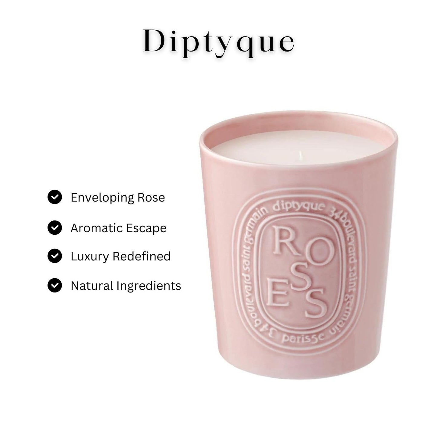 Diptyque Roses Candle 600g Porcelain jar Luxury Candle 100h Burn time 21.1 oz, Pink
