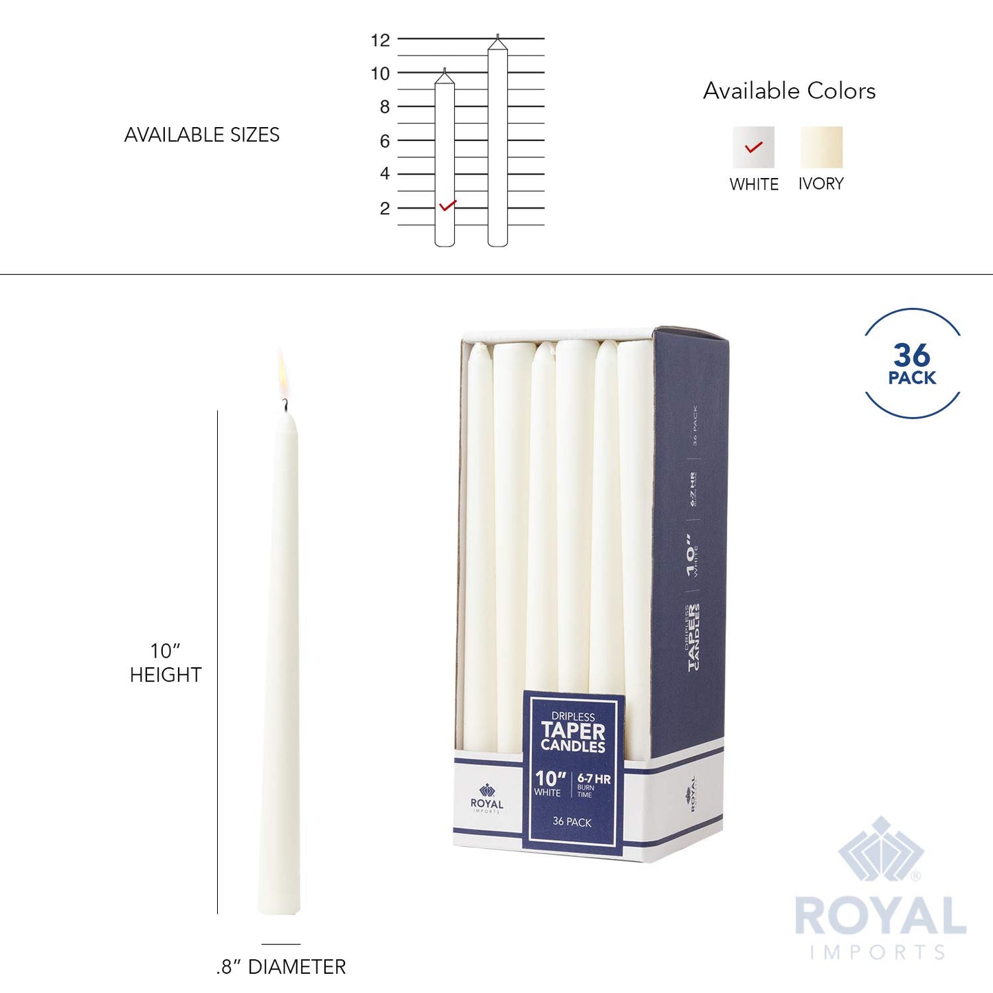 Royal Imports Unscented Taper Candles, Elegant Premium Quality, Dripless & Smokeless, Hand-Dipped Dinner Candles for Wedding, Holiday, Home Decor - 7 Hour Burn Time - Set of 36 (10 Inch, White)