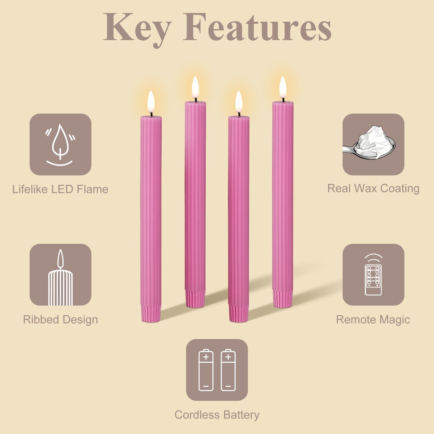 Girimax Hot Pink Ribbed Fluted Flameless Taper Candles with Remote, Flickering Battery LED Wax Candlesticks Wedding Home Decor Set of 4