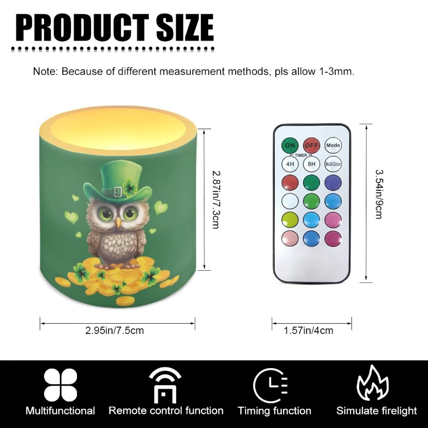 Merkmak 4 Pack Flickering Flameless Candles with Timer and Remote Battery Operated LED Candles St Paddy's Day Tea Lights for Party, Banquet, Home Decoration, Owl Gold Shamrocks Print