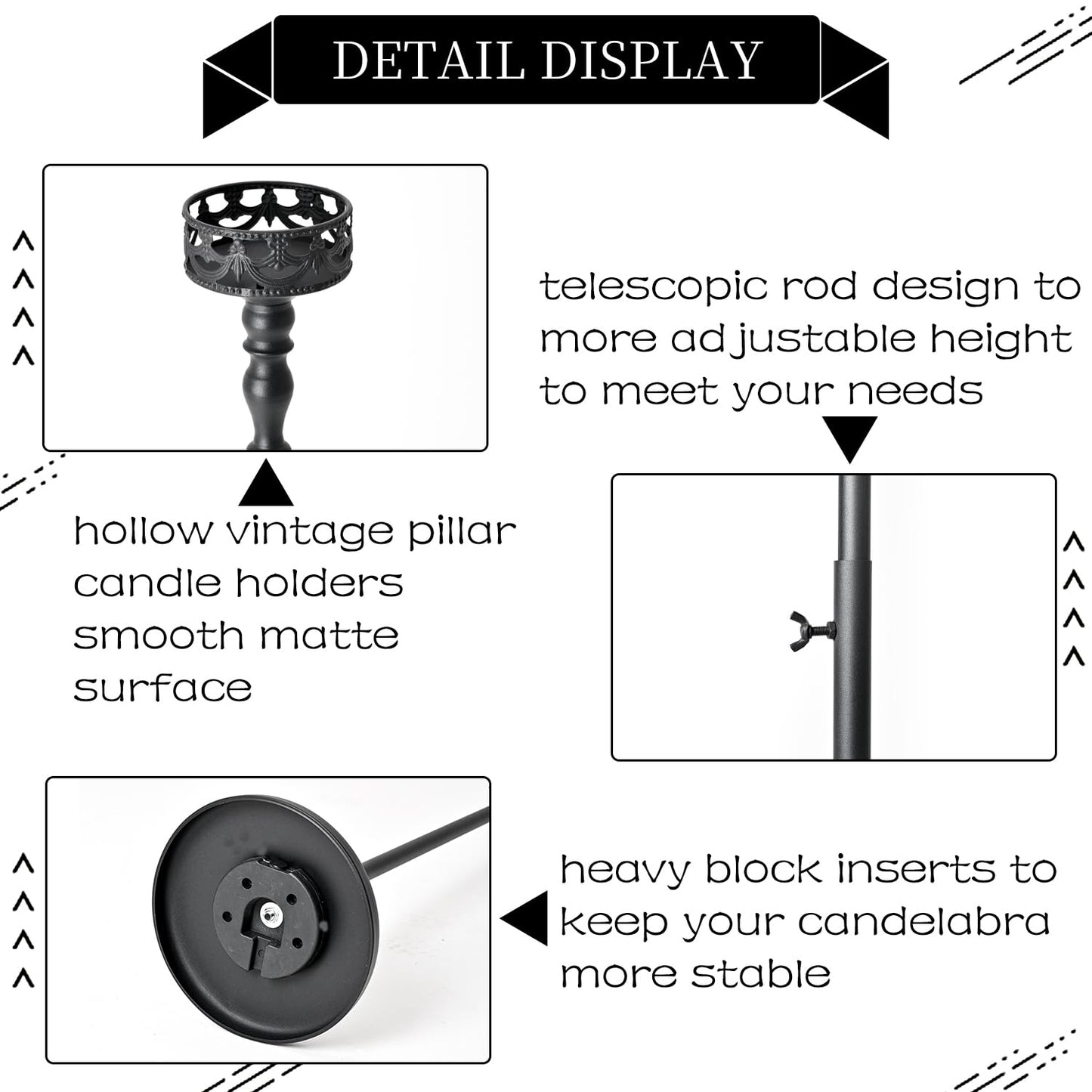 Floor Candle Holder Centerpieces for Tables,3Pcs Black Candle Holder for Pillar Candles Matte Metal Candlestick Set for Wedding Party Home Candles Holder for Ceremony Mantel Decor (Adjustable Height