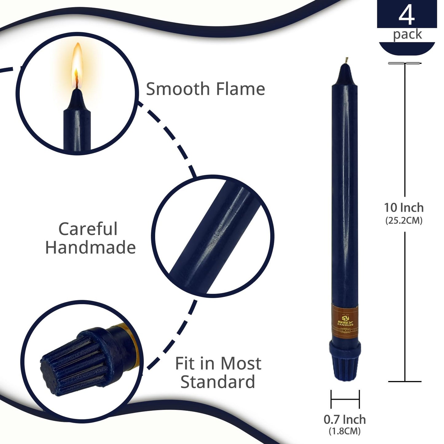 NJAO HOO Indigo Candlesticks 10 Inch Handmade Dripless Taper Candles Unscented Colored Candle Set, Pack of 4 - Up to 9-11 Hours Burn