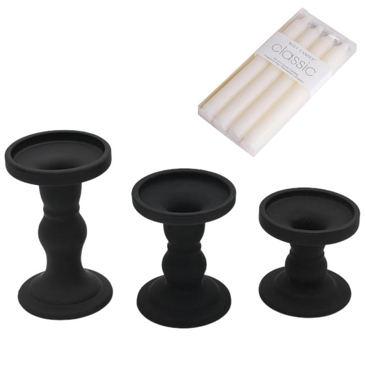 Black Glass Candle Holders Set of 3 Clear Candlestick Holder Vintage Candle Stands for Pillar Taper Candle Tea Light Home Decor Table Centerpieces Halloween, Candleholder Sets with 4 Pcs Taper Candles
