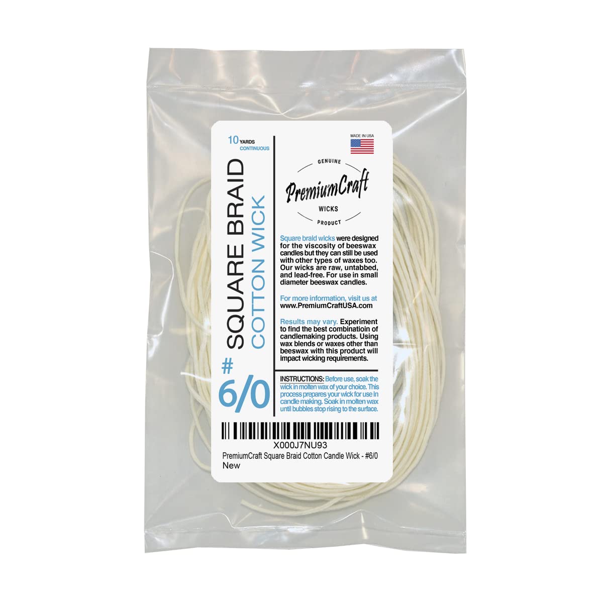PremiumCraft Square Braid Cotton Candle Wick - #6/0
