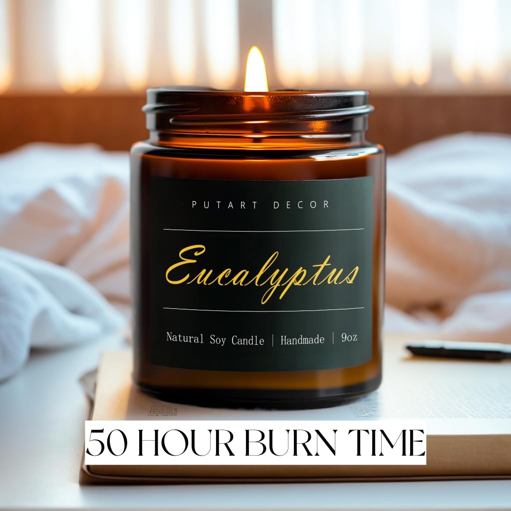 Putart Eucalyptus Mint Candles for Home Scented, Natural Soy Aromatherapy Non Toxic Candles with Long Lasting Fragrance & Clean Burn, Luxury Jar Candle Gift for Women, Men, Home Decoration 9oz