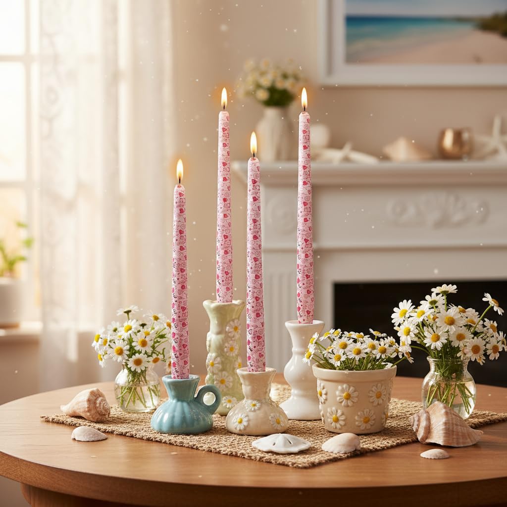 10 Inch Printed Candle Love Pattern Smokeless Unscented Candle Sticks Suitable for Anniversary Express Love Evening Wedding, Bohemian Seaside Theme Home Decor, 4 Pack