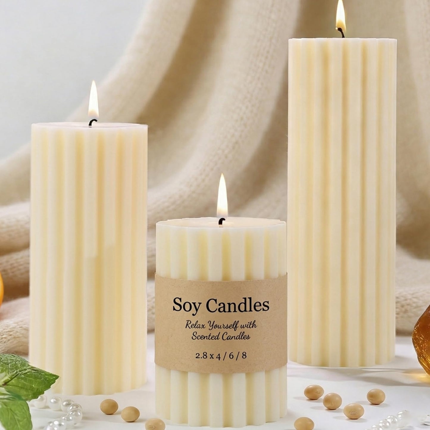 Ribbed Soy Pillar Candles Set of 3, Cashmere Amber Scented, Natural Soy Wax, 266 Hour Long Burning, 2.8x4/6/8 inch Large Pillar Candles for Home Decor, Relaxation, Bathroom, Living Room