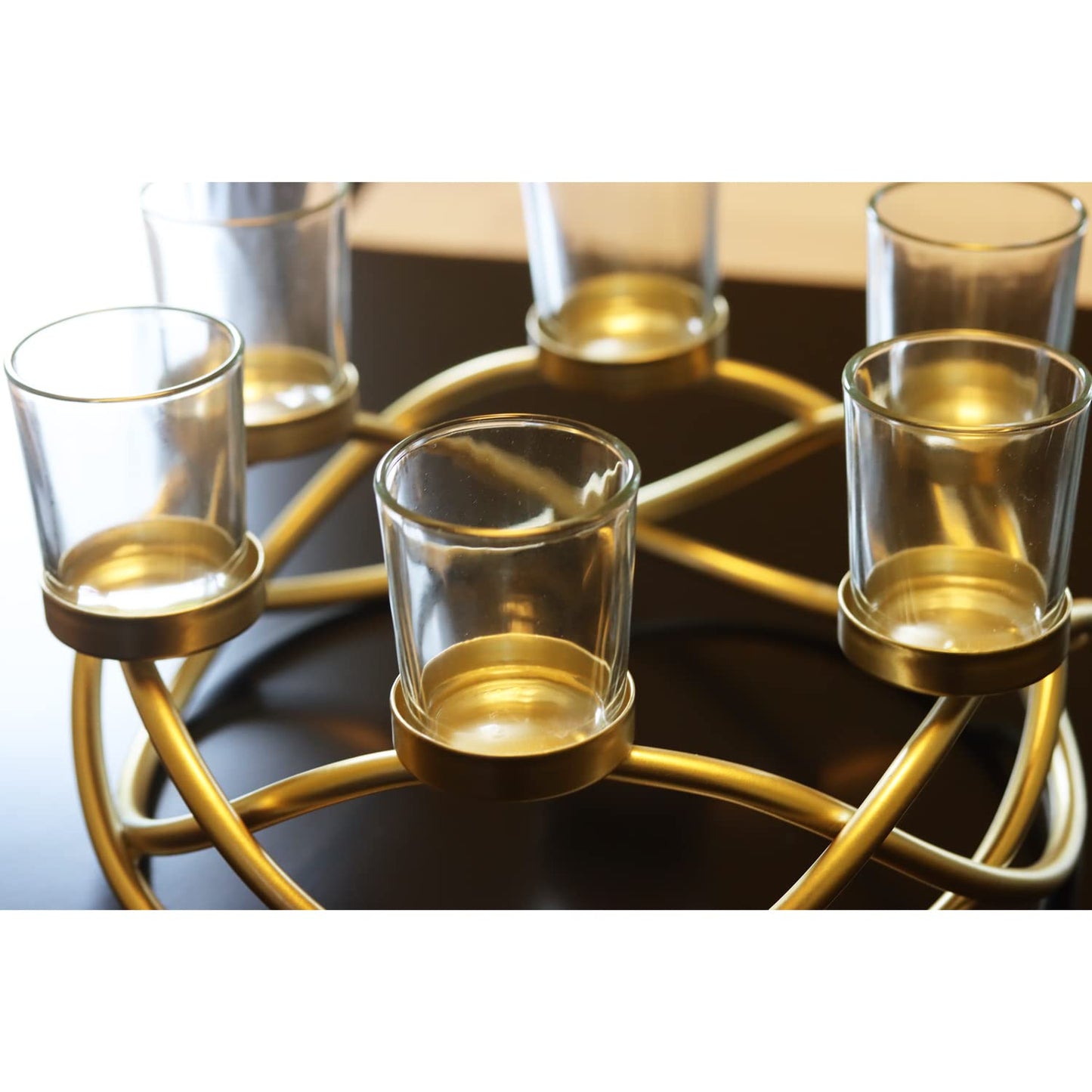 Seraphic Centerpieces for Table Decorations - Round Candle Holders for Outdoor Patio, Dining, Kitchen, Coffee & Wedding Table Decor, Gold Iron Candelabra, 6 Clear Glass Votive Tealight Cups