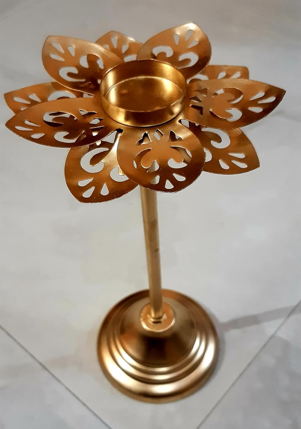 Decorative Lotus Tealight Candle Holder Set, 3 Pieces, Gold Metal, Floral Design