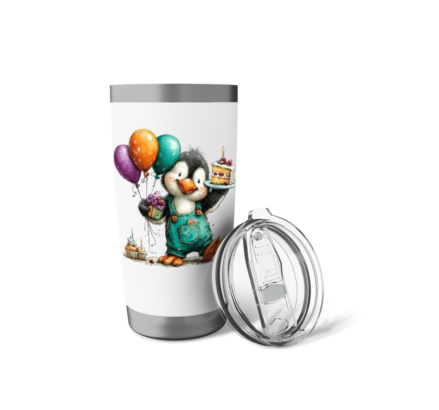 Cute Penguin Birthday Cake Balloons Celebration Stainless Steel Insulated Tumbler