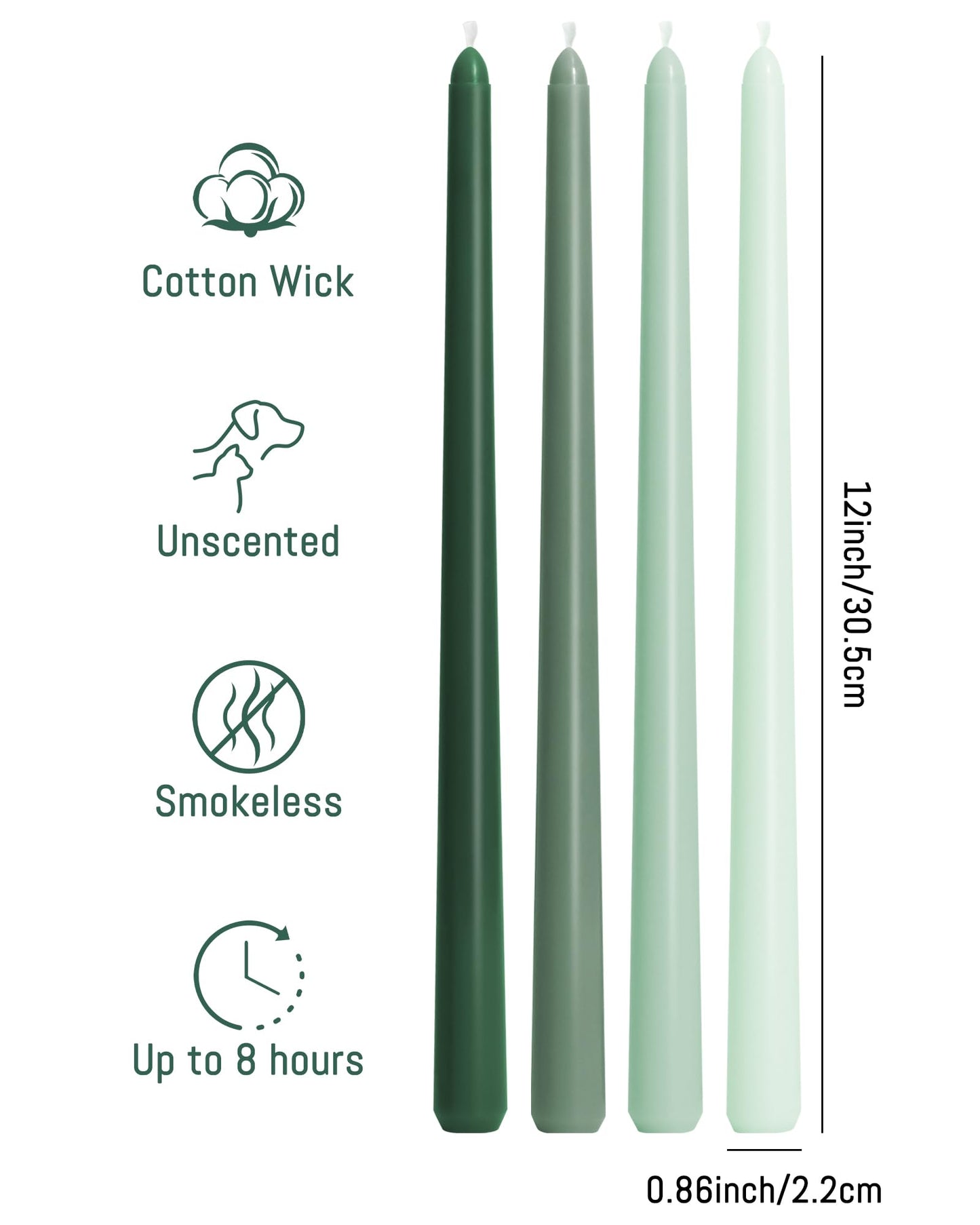 Viyffo Taper Candles, 12 Inch, 12 Pack, Green – Unscented, Smokeless Design, Up to 8-Hour Burn – Tall Candlesticks for Table Decor, Weddings & Dinners