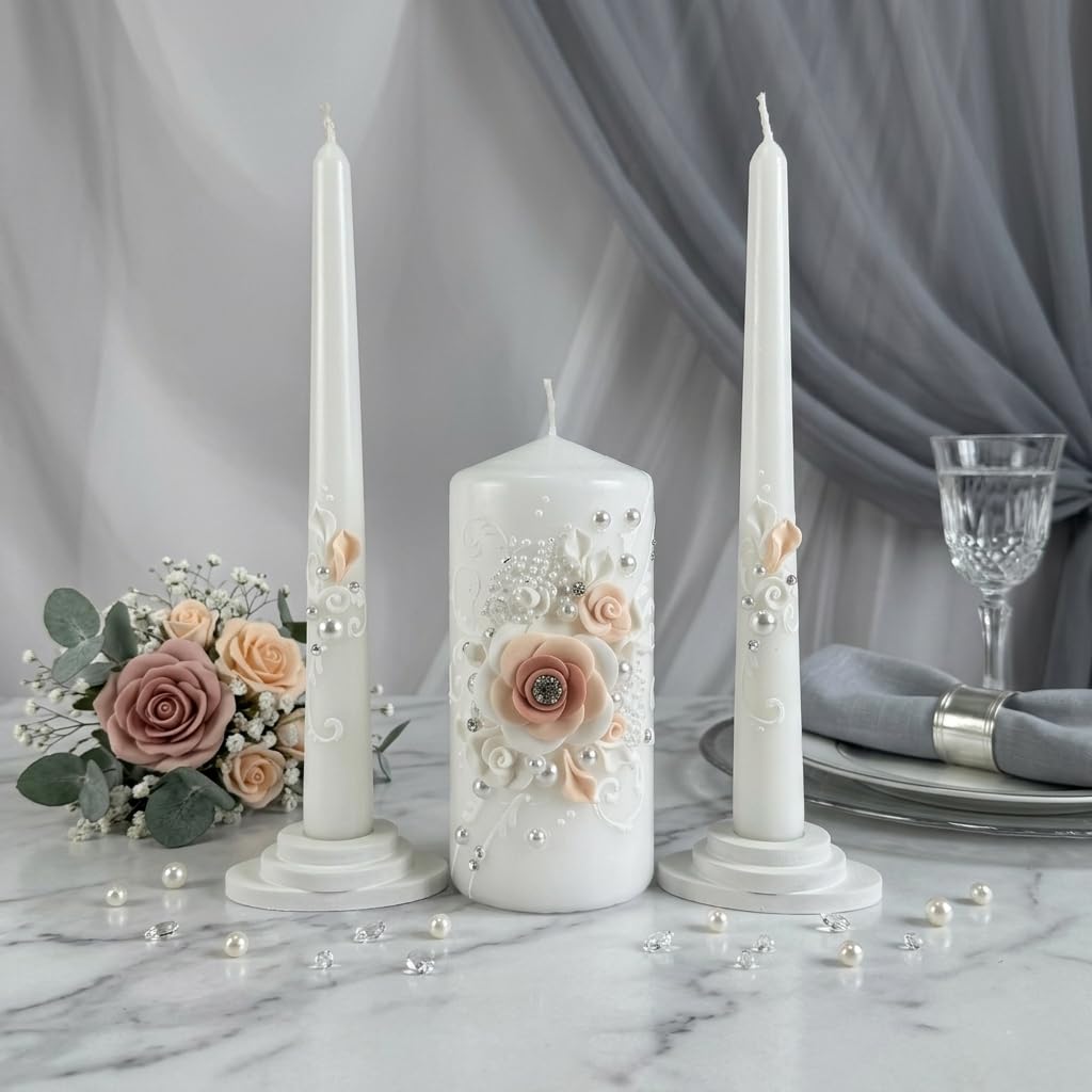 Magik Life Unity Candle Set - Wedding Ceremony & Reception – 6” Pillar & Two 10” Taper Candles – Long Burning Unity Candles for Marriage Ritual – Handmade in USA – White | Rose