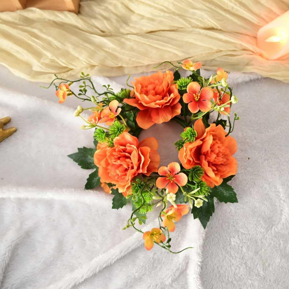 Set of 4 Artificial Peony Flower Candle Rings Wreaths 3 Inch Center Small Floral Spring Candle Rings for Pillars Wedding Home Table Centerpiece Decor (Orange)